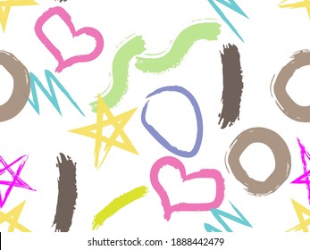 Cute seamless pattern with brush-drawn circles, hearts, strokes. Vector geometric textures with different simple shapes. Naive cute childish art background.