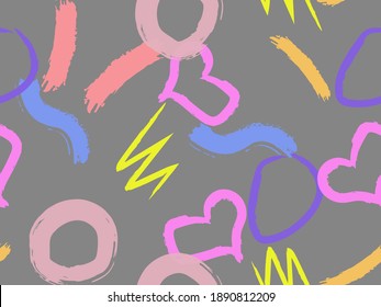 Patrón perfecto con círculos dibujados en brochas, corazones, golpes. Texturas geométricas vectoriales con diferentes formas simples. El original arte infantil.