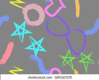 Cute seamless pattern with brush-drawn circles, hearts, strokes. Vector geometric textures with different simple shapes. Naive cute childish art background.