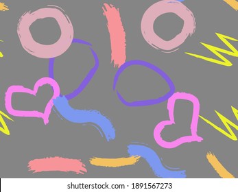 Cute seamless pattern with brush-drawn circles, hearts, strokes. Vector geometric textures with different simple shapes. Naive cute childish art background.