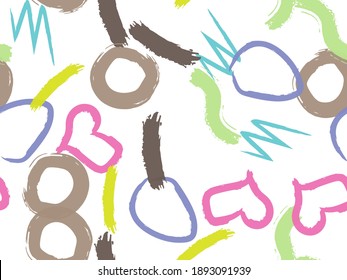 Cute seamless pattern with brush-drawn circles, hearts, strokes. Vector geometric textures with different simple shapes. Naive cute childish art background.