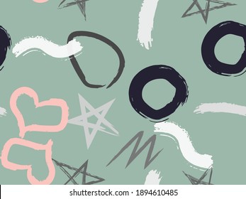 Cute seamless pattern with brush-drawn circles, hearts, strokes. Vector geometric textures with different simple shapes. Naive cute childish art background.