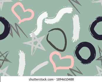 Cute seamless pattern with brush-drawn circles, hearts, strokes. Vector geometric textures with different simple shapes. Naive cute childish art background.