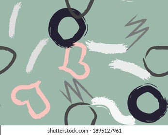 Cute seamless pattern with brush-drawn circles, hearts, strokes. Vector geometric textures with different simple shapes. Naive cute childish art background.