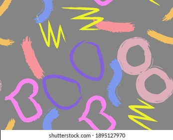Patrón perfecto con círculos dibujados en brochas, corazones, golpes. Texturas geométricas vectoriales con diferentes formas simples. El original arte infantil.