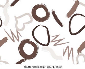 Cute seamless pattern with brush-drawn circles, hearts, strokes. Vector geometric textures with different simple shapes. Naive cute childish art background.