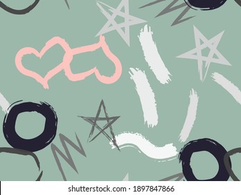 Cute seamless pattern with brush-drawn circles, hearts, strokes. Vector geometric textures with different simple shapes. Naive cute childish art background.