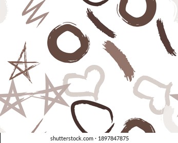 Cute seamless pattern with brush-drawn circles, hearts, strokes. Vector geometric textures with different simple shapes. Naive cute childish art background.