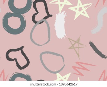Cute seamless pattern with brush-drawn circles, hearts, strokes. Vector geometric textures with different simple shapes. Naive cute childish art background.
