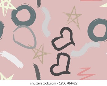 Cute seamless pattern with brush-drawn circles, hearts, strokes. Vector geometric textures with different simple shapes. Naive cute childish art background.