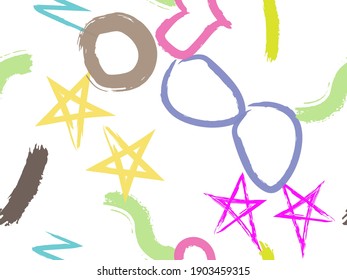 Cute seamless pattern with brush-drawn circles, hearts, strokes. Vector geometric textures with different simple shapes. Naive cute childish art background.