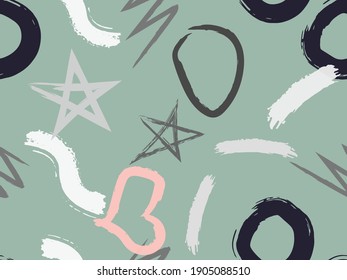 Patrón perfecto con círculos dibujados en brochas, corazones, golpes. Texturas geométricas vectoriales con diferentes formas simples. El original arte infantil.