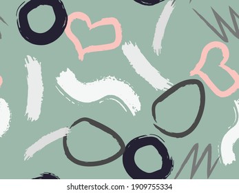 Cute seamless pattern with brush-drawn circles, hearts, strokes. Vector geometric textures with different simple shapes. Naive cute childish art background.
