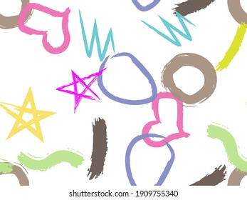 Cute seamless pattern with brush-drawn circles, hearts, strokes. Vector geometric textures with different simple shapes. Naive cute childish art background.