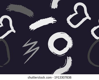 Cute seamless pattern with brush-drawn circles, hearts, strokes. Vector geometric textures with different simple shapes. Naive cute childish art background.