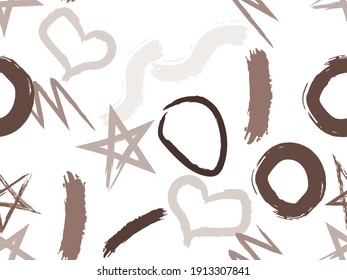 Cute seamless pattern with brush-drawn circles, hearts, strokes. Vector geometric textures with different simple shapes. Naive cute childish art background.
