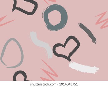 Cute seamless pattern with brush-drawn circles, hearts, strokes. Vector geometric textures with different simple shapes. Naive cute childish art background.