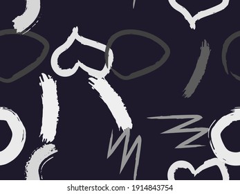 Patrón perfecto con círculos dibujados en brochas, corazones, golpes. Texturas geométricas vectoriales con diferentes formas simples. El original arte infantil.