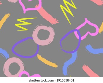 Cute seamless pattern with brush-drawn circles, hearts, strokes. Vector geometric textures with different simple shapes. Naive cute childish art background.