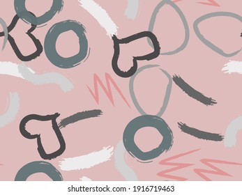 Cute seamless pattern with brush-drawn circles, hearts, strokes. Vector geometric textures with different simple shapes. Naive cute childish art background.