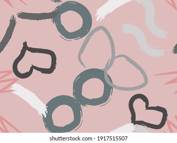 Cute seamless pattern with brush-drawn circles, hearts, strokes. Vector geometric textures with different simple shapes. Naive cute childish art background.