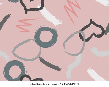Cute seamless pattern with brush-drawn circles, hearts, strokes. Vector geometric textures with different simple shapes. Naive cute childish art background.