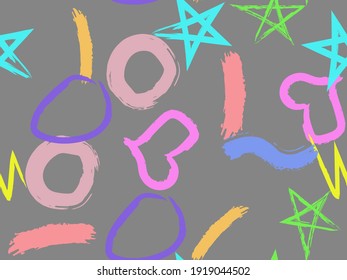 Cute seamless pattern with brush-drawn circles, hearts, strokes. Vector geometric textures with different simple shapes. Naive cute childish art background.