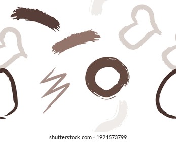 Cute seamless pattern with brush-drawn circles, hearts, strokes. Vector geometric textures with different simple shapes. Naive cute childish art background.