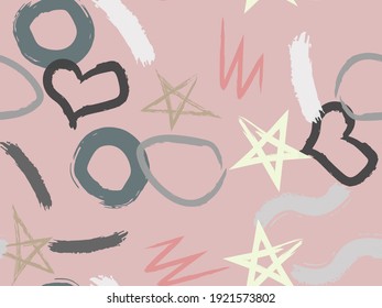 Cute seamless pattern with brush-drawn circles, hearts, strokes. Vector geometric textures with different simple shapes. Naive cute childish art background.