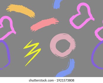 Cute seamless pattern with brush-drawn circles, hearts, strokes. Vector geometric textures with different simple shapes. Naive cute childish art background.