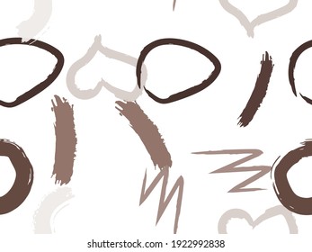 Patrón perfecto con círculos dibujados en brochas, corazones, golpes. Texturas geométricas vectoriales con diferentes formas simples. El original arte infantil.