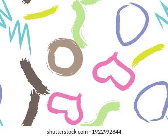 Cute seamless pattern with brush-drawn circles, hearts, strokes. Vector geometric textures with different simple shapes. Naive cute childish art background.