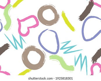 Cute seamless pattern with brush-drawn circles, hearts, strokes. Vector geometric textures with different simple shapes. Naive cute childish art background.