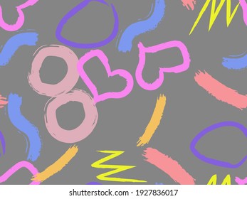 Cute seamless pattern with brush-drawn circles, hearts, strokes. Vector geometric textures with different simple shapes. Naive cute childish art background.