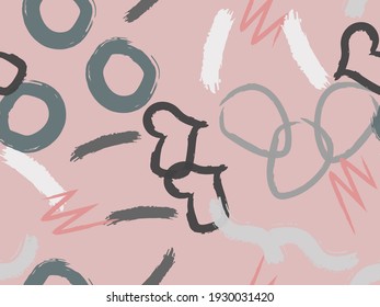 Cute seamless pattern with brush-drawn circles, hearts, strokes. Vector geometric textures with different simple shapes. Naive cute childish art background.