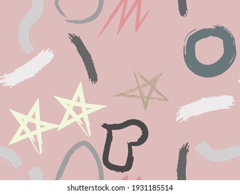 Cute seamless pattern with brush-drawn circles, hearts, strokes. Vector geometric textures with different simple shapes. Naive cute childish art background.