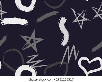 Nahtloses Muster mit Pinselkreisen, Herzen, Strichen. Vektorgeometrische Texturen mit verschiedenen einfachen Formen. Naive, süße kindische Kunsthintergrund.