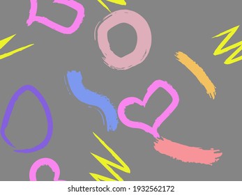Cute seamless pattern with brush-drawn circles, hearts, strokes. Vector geometric textures with different simple shapes. Naive cute childish art background.