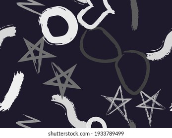 Patrón perfecto con círculos dibujados en brochas, corazones, golpes. Texturas geométricas vectoriales con diferentes formas simples. El original arte infantil.