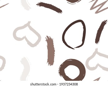 Cute seamless pattern with brush-drawn circles, hearts, strokes. Vector geometric textures with different simple shapes. Naive cute childish art background.