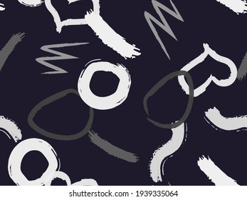 Cute seamless pattern with brush-drawn circles, hearts, strokes. Vector geometric textures with different simple shapes. Naive cute childish art background.