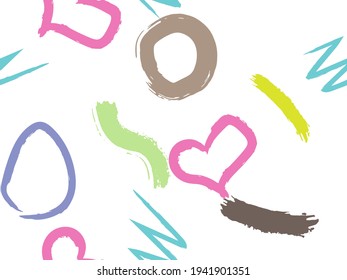 Cute seamless pattern with brush-drawn circles, hearts, strokes. Vector geometric textures with different simple shapes. Naive cute childish art background.