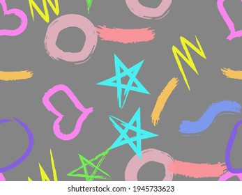 Patrón perfecto con círculos dibujados en brochas, corazones, golpes. Texturas geométricas vectoriales con diferentes formas simples. El original arte infantil.