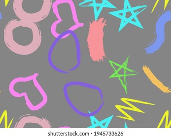 Cute seamless pattern with brush-drawn circles, hearts, strokes. Vector geometric textures with different simple shapes. Naive cute childish art background.