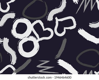 Cute seamless pattern with brush-drawn circles, hearts, strokes. Vector geometric textures with different simple shapes. Naive cute childish art background.