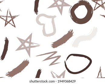 Cute seamless pattern with brush-drawn circles, hearts, strokes. Vector geometric textures with different simple shapes. Naive cute childish art background.