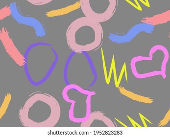 Cute seamless pattern with brush-drawn circles, hearts, strokes. Vector geometric textures with different simple shapes. Naive cute childish art background.