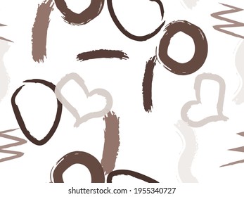 Cute seamless pattern with brush-drawn circles, hearts, strokes. Vector geometric textures with different simple shapes. Naive cute childish art background.