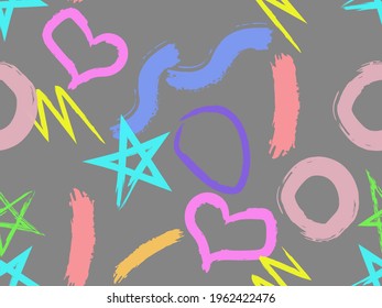Cute seamless pattern with brush-drawn circles, hearts, strokes. Vector geometric textures with different simple shapes. Naive cute childish art background.