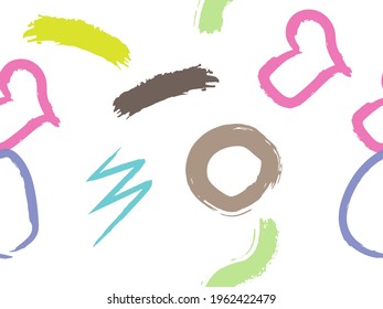 Cute seamless pattern with brush-drawn circles, hearts, strokes. Vector geometric textures with different simple shapes. Naive cute childish art background.